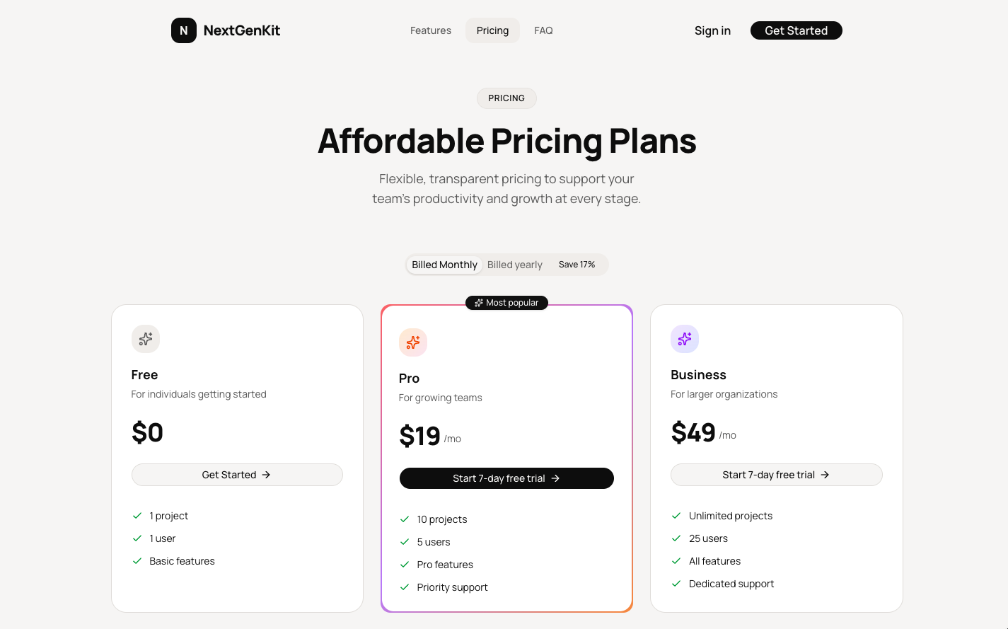 NextGenKit billing plan screen